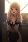  1girl :d absurdres backlighting bangs bintz black_border blonde_hair border candle eyebrows_visible_through_hair green_eyes highres indoors lens_flare long_hair long_sleeves nun open_mouth original pillarboxed smile solo straight_hair 