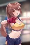  1girl :d animal_ears bangs bare_arms blurry blurry_background blush bone_hair_ornament boxing_gloves breasts brown_eyes brown_hair collar cowboy_shot depth_of_field dog_ears dog_girl dog_tail eyebrows_visible_through_hair hair_ornament hololive inugami_korone kananote long_hair looking_at_viewer medium_breasts midriff navel red_collar short_shorts shorts smile solo sports_bra standing tail virtual_youtuber yellow_sports_bra 