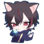  1boy animal_ear_fluff animal_ears black_hair blue_hoodie cat_boy cat_ears chibi highres holding hood hoodie joxjo kom0980 looking_at_viewer male_focus multicolored_hair northeption open_hand open_mouth redhead short_hair solo streaked_hair v-shaped_eyebrows white_background 