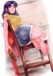  1girl absurdres artist_name bare_arms bare_legs bare_shoulders beer_can brown_eyes can chair closed_mouth denim denim_shorts dutch_angle from_below grey_shorts hair_intakes highres holding holding_can indoors j._artur jacket jacket_removed katsuragi_misato long_hair neon_genesis_evangelion purple_hair red_jacket shiny shiny_hair shirt short_shorts short_sleeves shorts sitting smile soles solo t-shirt wooden_floor yellow_shirt 