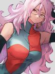  1girl android_21 breasts checkered_clothes checkered_dress colored_skin dragon_ball dragon_ball_fighterz dress glasses grey_background kemachiku long_hair majin_android_21 medium_breasts pink_hair pink_skin simple_background solo upper_body 