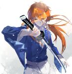  1boy blue_eyes blue_kimono cofffee cross_scar hakama hakama_skirt himura_kenshin holding holding_sword holding_weapon japanese_clothes katana kimono long_hair ponytail redhead rurouni_kenshin scar scar_on_cheek scar_on_face skirt solo sword weapon 