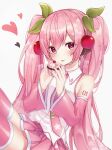  1girl :p blurry blush cherry cherry_blossoms cupcake detached_sleeves filtered food hatsune_miku headphones heart holding_food long_hair nail_polish necktie noneon319 patterned_hair pink_eyes pink_hair sakura_miku shaped_pupils thigh-highs tongue_out twintails very_long_hair vocaloid white_background zettai_ryouiki 