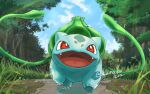  :d bright_pupils bulbasaur claws clouds commentary_request day fangs grass light_rays looking_up natako_(emhy2352) no_humans open_mouth outdoors plant pokemon pokemon_(creature) puddle red_eyes sky smile solo tongue tree vines walking water water_drop white_pupils 