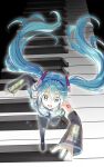  1girl :d absurdres aqua_eyes aqua_hair aqua_necktie bangs boots commentary detached_sleeves eyebrows_visible_through_hair hair_between_eyes hatsune_miku highres instrument ishiyuki00 long_hair necktie open_mouth piano skirt sleeveless smile solo tattoo thigh_boots twintails very_long_hair vocaloid 