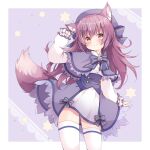  1girl animal_ears brown_hair capelet commission dress hat highres hoenaki_warg indie_virtual_youtuber kawachi_(hina) long_hair long_sleeves looking_at_viewer pink_eyes skeb_commission skirt smile tail thigh-highs wolf_ears wolf_girl wolf_tail 