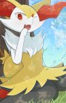  1girl :3 animal_ear_fluff animal_ears animal_hands animal_nose arm_at_side black_fur blue_sky body_fur braixen clouds commentary dappled_sunlight day dutch_angle fangs flat_chest fox_ears fox_girl fox_tail fur_collar furry furry_female grass hand_to_own_mouth hand_up happy highres looking_at_viewer on_ground one_eye_closed open_mouth outdoors pokemon pokemon_(creature) red_eyes rumine_(yoshi1234567) sitting sky smile snout solo stick sunlight tail tree wariza white_fur yellow_fur 
