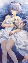  1girl absurdres bangs bare_shoulders bouquet collarbone dress flower ganyu_(genshin_impact) genshin_impact highres horns light_purple_hair lying_on_water medium_hair pink_eyes solo swkl:d water white_dress 