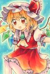  1girl :d ascot back_bow blonde_hair bow commentary_request crystal eyebrows_visible_through_hair feet_out_of_frame flandre_scarlet frilled_ascot frilled_shirt_collar frilled_skirt frills hair_between_eyes hat hat_bow hat_ribbon highres maa_(forsythia1729) mob_cap open_mouth orange_eyes puffy_short_sleeves puffy_sleeves red_bow red_ribbon red_skirt red_vest ribbon shirt short_sleeves side_ponytail skirt skirt_set smile touhou traditional_media vest white_bow white_headwear white_legwear white_shirt wings yellow_ascot 
