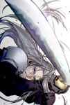  1boy aqua_eyes armor bangs black_gloves black_jacket final_fantasy final_fantasy_vii final_fantasy_vii_remake gloves highres holding holding_sword holding_weapon inuue15 jacket long_hair masamune_(ff7) parted_bangs perspective sephiroth shoulder_armor silver_hair solo sword upper_body weapon white_background 