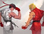  2boys bare_arms bare_shoulders belt black_belt blonde_hair brown_hair closed_eyes cofffee fingerless_gloves from_behind gloves grey_background hand_to_own_face headband ken_masters medium_hair multiple_boys muscular muscular_male red_gloves red_headband ryu_(street_fighter) short_hair sleeveless street_fighter torn_clothes upper_body 