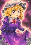  1girl belt blonde_hair blush bow brown_belt collared_dress commentary_request dress eyebrows_visible_through_hair frilled_dress frills hat long_sleeves maa_(forsythia1729) marker_(medium) mob_cap open_mouth purple_dress red_bow skirt_hold touhou traditional_media violet_eyes wavy_hair white_headwear 
