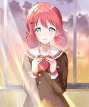  1girl bangs blue_eyes blush bow bowtie candy chocolate classroom closed_mouth clouds curtains food gorilla-shi hair_ornament hair_ribbon hairclip hands_on_own_chest heart heart-shaped_chocolate highres holding holding_food kurosawa_ruby long_sleeves looking_at_viewer love_live! love_live!_sunshine!! pink_hair ribbon school_uniform short_twintails skirt sleeves_past_wrists smile solo sunset twintails window 