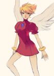  1girl angel_wings blonde_hair bracelet breasts breath_of_fire breath_of_fire_iii closed_mouth dress feathered_wings hairband highres jewelry kannoaki looking_at_viewer nina_(breath_of_fire_iii) puffy_sleeves short_hair simple_background solo white_wings wings 