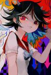 1girl abstract_background bangs black_hair blue_pupils bow bowtie comkdom commentary hand_up highres horns kijin_seija multicolored_eyes multicolored_hair raised_eyebrows red_eyes redhead shirt short_hair short_sleeves smile solo touhou white_hair white_shirt 