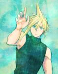  1boy armor_removed asymmetrical_hair bare_arms blonde_hair blue_eyes blue_shirt cloud_strife final_fantasy final_fantasy_vii fingernails green_background krudears muscular muscular_male outstretched_arm reaching_out shirt short_hair sleeveless sleeveless_turtleneck solo spiky_hair turtleneck upper_body watercolor_background 