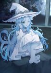  1girl absurdres artist_request blue_eyes blue_hair blue_skin cloak closed_mouth colored_skin cracked_skin doll_joints dress elden_ring extra_faces hat highres joints long_hair looking_at_viewer one_eye_closed ranni_the_witch smile solo white_dress witch witch_hat 