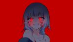  1girl blood blood_on_face dark_persona gawr_gura glowing glowing_eyes grin highres hololive hololive_english king_maguro looking_at_viewer multicolored_hair off_shoulder red_background red_eyes sharp_teeth simple_background smile solo streaked_hair teeth upper_body white_hair 