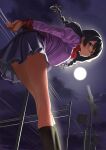  1girl absurdres arms_behind_back bangs bent_over black_hair black_legwear blush braid breasts closed_mouth clouds commentary feet_out_of_frame from_behind from_below full_moon glasses hanekawa_tsubasa highres large_breasts leaning_forward long_hair long_sleeves looking_at_viewer monogatari_(series) moon moonlight naoetsu_high_school_uniform night night_sky outdoors own_hands_together pink_shirt pleated_skirt power_lines puffy_sleeves purple_skirt railroad_crossing railroad_signal ribbon round_eyewear school_uniform shirt skindentation skirt sky smile socks solo twin_braids violet_eyes yellow_ribbon zyaki 