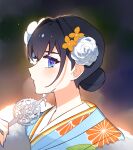  1girl black_hair blue_eyes blue_kimono blurry blurry_background closed_mouth depth_of_field feather_boa fingernails flower from_side hair_bun hair_flower hair_ornament holding hololive hololive_english japanese_clothes kimono king_maguro looking_at_viewer looking_to_the_side nail_polish orange_flower ouro_kronii profile purple_nails rose sideways_glance solo white_flower white_rose 