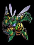  1boy antennae beast_wars beast_wars:_transformers black_background clenched_hand commentary_request glowing glowing_eyes gun insect_wings looking_at_viewer machine machinery mecha open_hand open_mouth photo-referenced predacon robot science_fiction smile solo transformers violet_eyes waspinator weapon wings yasukuni_kazumasa 