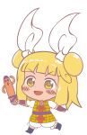  1girl arm_ribbon arms_up bangs belt blonde_hair blue_footwear blush boots bow chibi commentary_request double_bun dress dress_bow eyebrows_visible_through_hair gyate_gyate hair_ribbon hands_up haniwa_(statue) joutouguu_mayumi leg_up looking_to_the_side open_mouth pants polearm puffy_short_sleeves puffy_sleeves purple_belt red_bow red_ribbon ribbon running shimaya_naokazu shirt short_hair short_sleeves simple_background smile solo spear tongue touhou v-shaped_eyebrows weapon white_background white_pants white_ribbon white_shirt yellow_dress yellow_eyes 