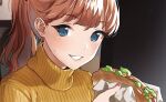  1girl blue_eyes close-up doushimasho earrings eyebrows_visible_through_hair food holding holding_food jewelry looking_back mole mole_on_cheek nail_polish original ponytail red_nails redhead shirt smile solo sweater turtleneck turtleneck_sweater yellow_shirt 