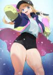  1girl :d bangs baseball_cap black_shorts blonde_hair blue_eyes braid confetti eyebrows_visible_through_hair from_below hat holding holding_microphone ikuchan_kaoru jacket long_hair looking_at_viewer looking_down microphone multicolored_clothes multicolored_jacket paripi_koumei shirt shirt_tucked_in shorts simple_background smile solo teeth thick_thighs thighs tsukimi_eiko twin_braids upper_teeth white_shirt 