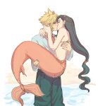  1boy 1girl black_hair blonde_hair blue_eyes blush breasts carrying cloud_strife couple earrings final_fantasy final_fantasy_vii final_fantasy_vii_remake hair_ornament highres jewelry kiss large_breasts long_hair looking_at_another low-tied_long_hair mermaid midriff monster_girl perlmuttt princess_carry scales shell shell_bikini spiky_hair tifa_lockhart 