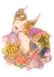  brown_eyes flower highres leaf leafeon mouth_hold no_humans oharu-chan orange_flower pokemon pokemon_(creature) solo stone_floor traditional_media watering_can 