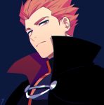  1boy black_cape blue_jacket cape closed_mouth commentary_request frown grey_eyes jacket lance_(pokemon) looking_at_viewer looking_down male_focus pokemon pokemon_(game) pokemon_hgss popped_collar redhead short_hair simple_background solo spiky_hair upper_body y_(036_yng) 