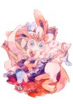  blue_eyes closed_mouth cushion glint heart heart_print highres jewelry looking_at_viewer lying no_humans oharu-chan pokemon pokemon_(creature) ring_removed solo sylveon tiara traditional_media 