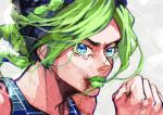  1girl bangs black_hair blood blood_from_mouth blue_eyes braid clenched_hand closed_mouth double_bun green_hair green_lips hair_bun highres jojo_no_kimyou_na_bouken kujo_jolyne looking_at_viewer messy_hair multicolored_hair natchan_blue_(nanairopenki) patterned_clothing smirk solo stone_ocean tank_top tearing_up tears two-tone_hair 