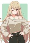 1girl absurdres bangs bare_shoulders black_skirt blonde_hair blush breasts brown_shirt collarbone cute eyebrows eyelashes flying_sweatdrops fuusuke_(fusuke208) hands_on_hips highres long_sleeves looking_at_viewer medium_breasts mythra_(xenoblade) navel off_shoulder one_eye_closed open_mouth puffy_long_sleeves puffy_sleeves shirt simple_background skirt solo twitter_username upper_body wink xenoblade_chronicles_(series) xenoblade_chronicles_2 yellow_eyes