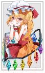  1girl :/ absurdres adapted_costume bare_shoulders blonde_hair blush crystal dress eyebrows_visible_through_hair flandre_scarlet hair_between_eyes hands_on_own_cheeks hands_on_own_face hat hat_ribbon highres long_hair looking_at_viewer mob_cap pointy_ears red_eyes ribbon sitting solo touhou tsune_(tune) wings wrist_cuffs 