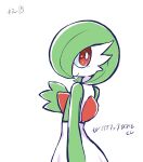  1girl arm_at_side artist_name bangs blush bob_cut bright_pupils colored_skin commentary flat_chest from_behind gardevoir green_hair green_skin hair_over_one_eye hand_up highres ka_ei_volltis light_blush looking_at_viewer looking_back multicolored_skin one_eye_covered pokemon pokemon_(creature) red_eyes short_hair signature simple_background sketch solo translation_request two-tone_skin white_background white_pupils white_skin 