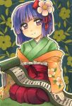  1girl closed_mouth commentary_request eyebrows_visible_through_hair floral_print flower green_kimono hair_flower hair_ornament happy head_tilt hieda_no_akyuu highres japanese_clothes kimono long_sleeves looking_at_viewer maa_(forsythia1729) marker_(medium) purple_hair red_sash red_skirt sash scroll short_hair skirt smile touhou traditional_media violet_eyes white_flower wide_sleeves yellow_kimono 