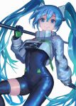  1girl asymmetrical_bodysuit blue_bodysuit blue_eyes blue_hair bodysuit crop_top crop_top_overhang cropped_jacket eyebrows_behind_hair goodsmile_racing gxp hatsune_miku headphones highres holding holding_pole long_hair long_sleeves navel pole racing_miku racing_miku_(2022) single_thighhigh skin_tight skindentation smile solo thigh-highs twintails two-tone_gloves very_long_hair vocaloid 