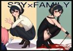  1boy 2girls :d anya_(spy_x_family) bangs bare_shoulders black_border black_dress black_footwear black_gloves black_hair black_legwear black_skirt blood blood_on_arm blood_on_clothes blood_on_hands blood_on_leg blue_dress blush boots border breasts brown_legwear closed_mouth commentary copyright_name dress eyebrows_visible_through_hair fingerless_gloves gloves hair_between_eyes hairband hand_up high_heels holding jacket large_breasts long_hair long_sleeves medium_breasts multiple_girls multiple_views out_of_frame pantyhose pink_hair pool_of_blood red_eyes shirt shoes skirt sleeveless sleeveless_dress smile spy_x_family squatting symbol-only_commentary thigh-highs thigh_boots uneg white_hairband white_jacket white_shirt yor_briar 