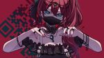  1girl absurdres black_shirt collarbone detached_collar esperanza_(vocaloid) frilled_shirt frills hair_behind_ear head_tilt highres jewelry katorea mask mouth_mask necklace off-shoulder_shirt off_shoulder official_art puppet qr_code red_background red_nails redhead ring shirt side_ponytail solo vocaloid 