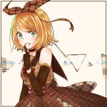  1girl bangs blonde_hair blue_eyes blush bow bowtie buttons detached_sleeves fang gloves hair_bow hair_ornament hair_ribbon half_gloves hand_on_own_chin highres index_finger_raised kagamine_rin looking_at_viewer medium_hair open_mouth patterned_clothing plaid pleated_skirt ponta_(poqpon) ribbon sailor_collar short_hair skirt sleeveless smile solo vocaloid 