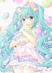 1girl :d absurdres blue_hair blush bow crbbie doughnut dress food frills green_eyes hair_bow hair_ornament hatsune_miku highres holding holding_food ice_cream icing long_hair looking_at_viewer open_mouth patterned_background puffy_short_sleeves puffy_sleeves see-through short_dress short_sleeves smile solo thigh-highs twintails very_long_hair vocaloid wristband zettai_ryouiki 
