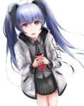  1girl black_necktie black_skirt collared_shirt cup cureecoolan drinking_straw eyebrows_visible_through_hair grey_hair grey_shirt holding holding_cup hood hooded_jacket immortals:_muvluv_alternative jacket looking_at_viewer muvluv muvluv_alternative necktie shirt skirt smile solo twintails violet_eyes watch watch white_background white_jacket yashiro_kasumi 
