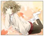  1girl ahoge aoki_ume bent_over black_legwear border brown_eyes brown_hair hair_ornament hand_on_own_cheek hand_on_own_face hand_up hidamari_sketch long_sleeves looking_at_viewer no_shoes official_alternate_costume official_art orange_background pantyhose red_skirt shirt short_hair silk skirt sleeves_past_fingers sleeves_past_wrists smile socks solo white_background white_shirt white_sleeves x_hair_ornament yuno_(hidamari_sketch) 