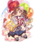 1girl balloon black_choker black_footwear blue_skirt boots brown_cardigan brown_hair cake cake_slice candle cardigan choker collared_shirt commentary_request commission confetti dress_shirt fire flower food fruit full_body hair_flower hair_ornament haku_(sabosoda) heart_balloon highres holding holding_balloon idolmaster idolmaster_shiny_colors jacket knee_boots kneeling long_hair long_sleeves multicolored_hair nail_polish open_cardigan open_clothes open_jacket pink_flower pink_hair pink_nails plaid plaid_skirt pleated_skirt red_eyes shirt skeb_commission skirt sleeves_past_wrists solo sonoda_chiyoko strawberry streaked_hair striped striped_legwear thigh-highs thighhighs_under_boots twintails white_background white_flower white_jacket white_shirt