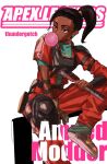  1girl apex_legends aqua_shirt bleach brown_gloves brown_hair chewing_gum cover cover_page dark-skinned_female dark_skin fake_cover gloves head_tilt highres holding holding_wrench jumpsuit knee_pads logo_parody manga_cover orange_jumpsuit problem_solver_(apex_legends) rampart_(apex_legends) shirt side_ponytail single_glove sitting solo thundergotch white_background wrench 