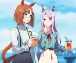  2girls animal_ears asymmetrical_bangs bangs blurry blurry_background blush braid braided_ponytail commission cup disposable_cup ear_bow glasses hand_up highres holding holding_cup horse_ears horse_girl horse_tail ikuno_dictus_(umamusume) long_sleeves looking_at_another mejiro_mcqueen_(umamusume) multiple_girls open_mouth orange_hair purple_hair round_eyewear shiny shirt shirt_tucked_in skeb_commission skirt smile sugamo_(rainysnowy108) suspenders tail teeth turtleneck umamusume upper_body violet_eyes white_shirt white_skirt yellow_eyes 