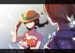  2girls blonde_hair bracelet braid closed_mouth collarbone floating_hair floral_print green_ribbon grey_eyes hand_on_headwear hat hat_ribbon highres holding holding_poke_ball jewelry letterboxed lillie_(pokemon) long_hair mugiccha2 multiple_girls orange_shirt poke_ball poke_ball_(basic) pokemon pokemon_(game) pokemon_usum ribbon sailor_collar selene_(pokemon) shirt twin_braids twitter_username upper_body watermark white_shirt yellow_headwear 