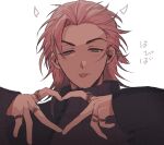  1boy :p aju222 beads black_hair colored_tips drawn_horns fake_horns grey_eyes hair_beads hair_ornament half-closed_eyes hands_up heart heart_hands horns jewelry long_sleeves looking_at_viewer male_focus medium_hair multicolored_hair multiple_rings nanatsumori_minoru pink_hair ring short_hair simple_background solo streaked_hair sweater tokimeki_memorial tokimeki_memorial_girl&#039;s_side_4th_heart tongue tongue_out turtleneck turtleneck_sweater white_background 