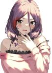  1girl :o fang hair_between_eyes hand_to_own_mouth hayasaka_mirei highres idolmaster idolmaster_cinderella_girls looking_at_viewer multicolored_hair nail_polish no_eyepatch off-shoulder_shirt off_shoulder older pink_shirt purple_hair redhead shiny shiny_hair shirt simple_background solo spoonkoros streaked_hair twintails white_background 